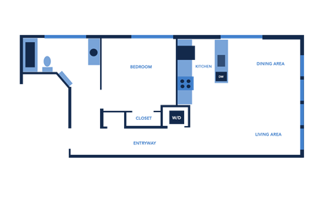 a floor plan of a room with an open floor plan with blue and white walls